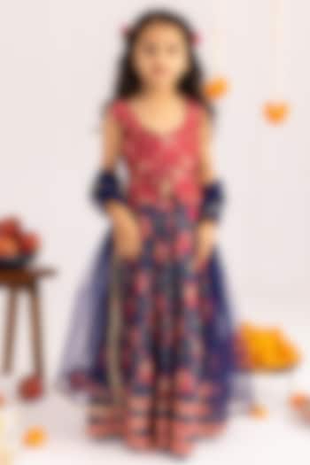 Blue & Maroon Muslin Printed Lehenga Set For Girls by MR BRAT at Pernia's Pop Up Shop