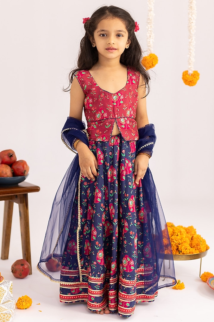 Blue & Maroon Muslin Printed Lehenga Set For Girls by MR BRAT at Pernia's Pop Up Shop