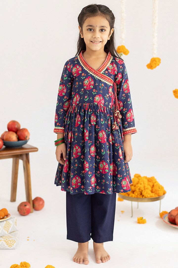 Blue Muslin Printed Kurta Set For Girls by MR BRAT at Pernia's Pop Up Shop
