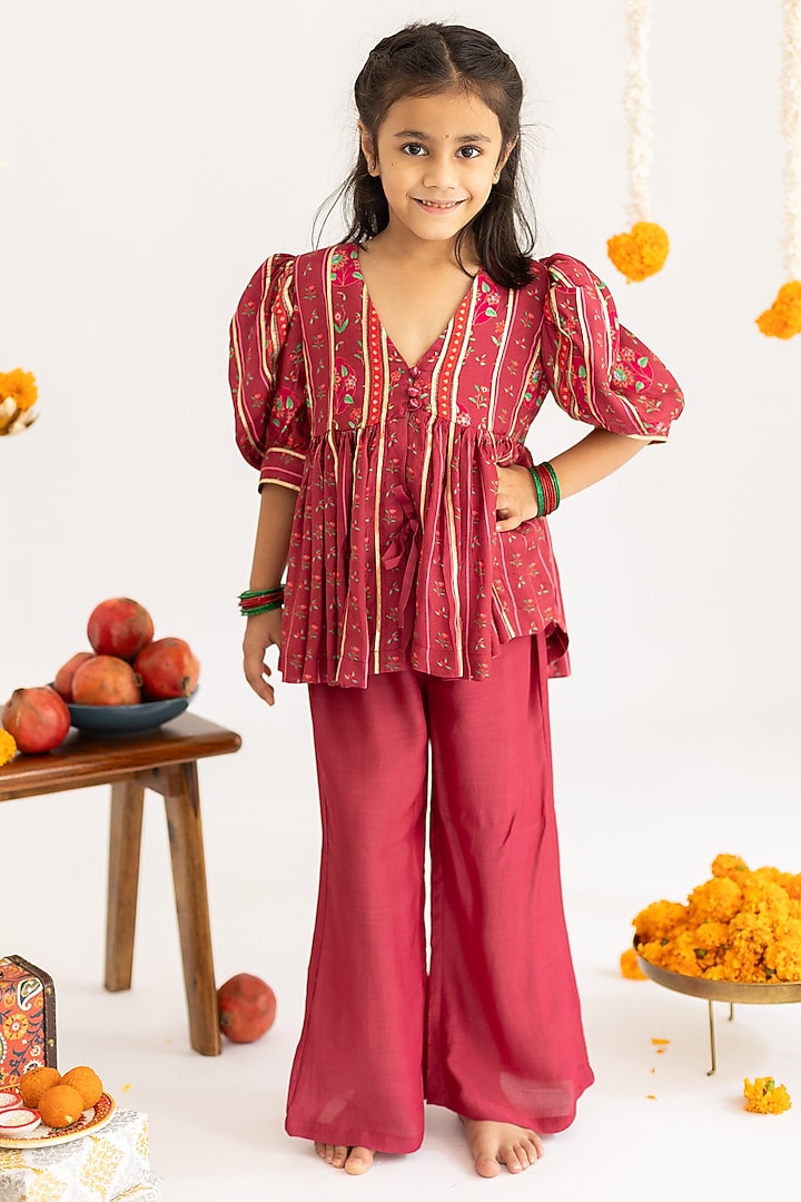 Maroon Cotton Palazzo Pants Set For Girls by MR BRAT at Pernia's Pop Up Shop