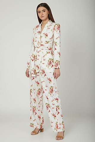 White Printed Blazer With Pants by Mani Bhatia