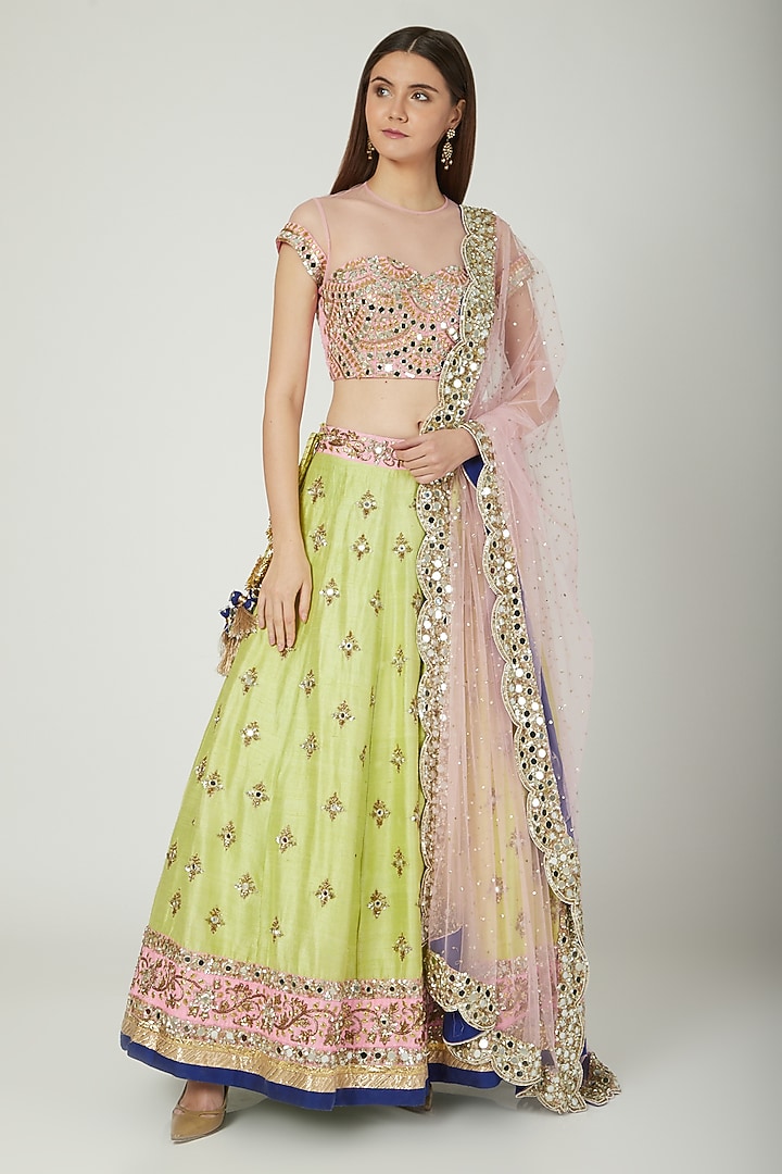 Blush Pink & Parrot Green Embroidered Wedding Lehenga Set by Mani Bhatia at Pernia's Pop Up Shop