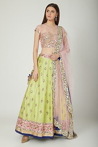 Blush Pink & Parrot Green Embroidered Lehenga Set by Mani Bhatia