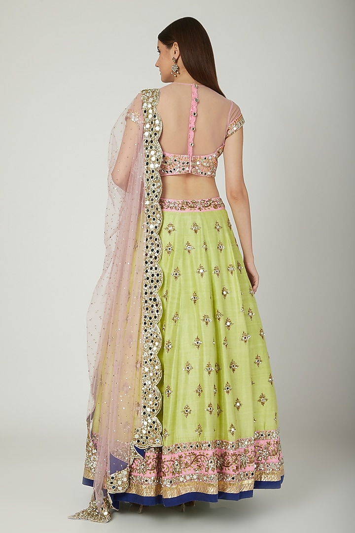 Blush Pink & Parrot Green Embroidered Wedding Lehenga Set by Mani Bhatia at Pernia's Pop Up Shop