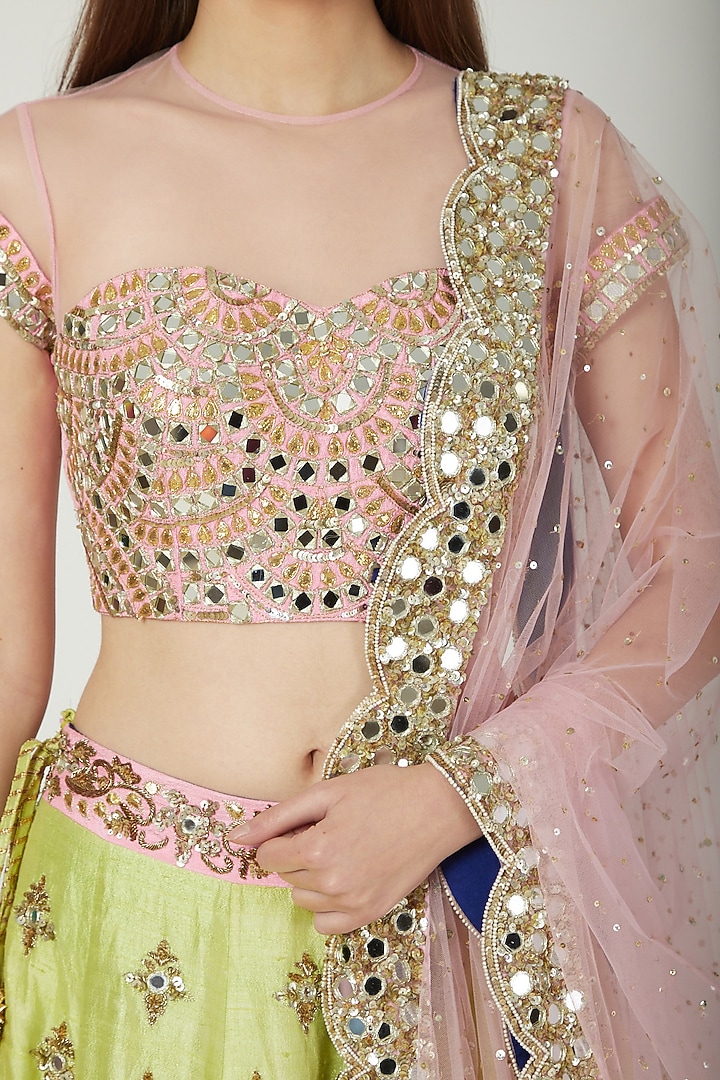 Blush Pink & Parrot Green Embroidered Wedding Lehenga Set by Mani Bhatia at Pernia's Pop Up Shop
