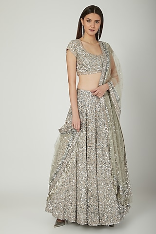 Silver Grey Embroidered Lehenga Set by Mani Bhatia