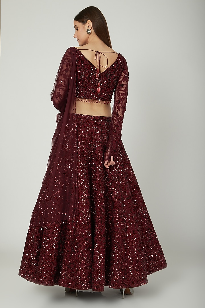 Deep Maroon Embroidered Wedding Lehenga Set by Mani Bhatia at Pernia's Pop Up Shop