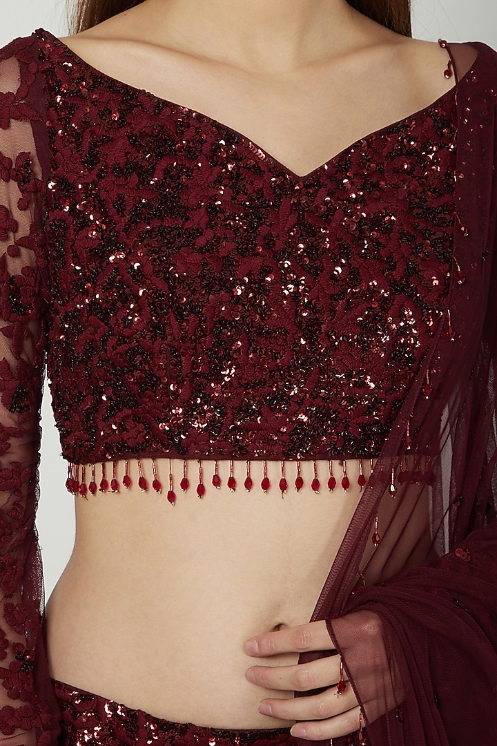 Deep Maroon Embroidered Wedding Lehenga Set by Mani Bhatia at Pernia's Pop Up Shop