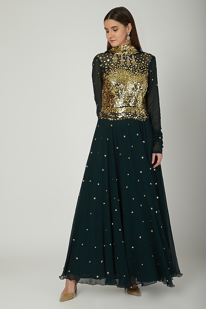 Emerald Green Embroidered Anarkali With Dupatta by Mani Bhatia