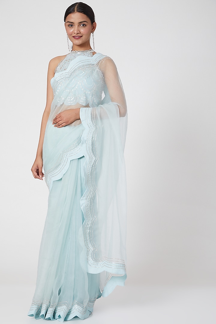 Aqua Blue Scalloped Saree Set by Mani Bhatia