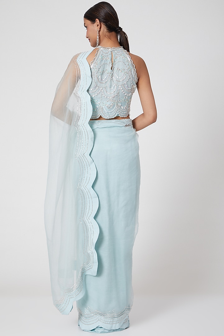 Aqua Blue Scalloped Wedding Saree Set by Mani Bhatia at Pernia's Pop Up Shop