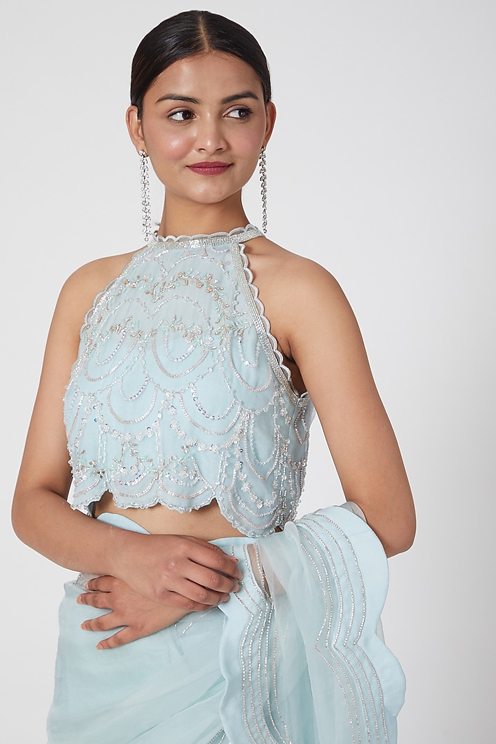 Aqua Blue Scalloped Wedding Saree Set by Mani Bhatia at Pernia's Pop Up Shop