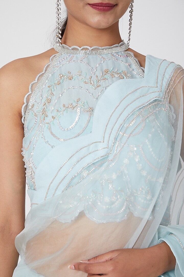 Aqua Blue Scalloped Wedding Saree Set by Mani Bhatia at Pernia's Pop Up Shop