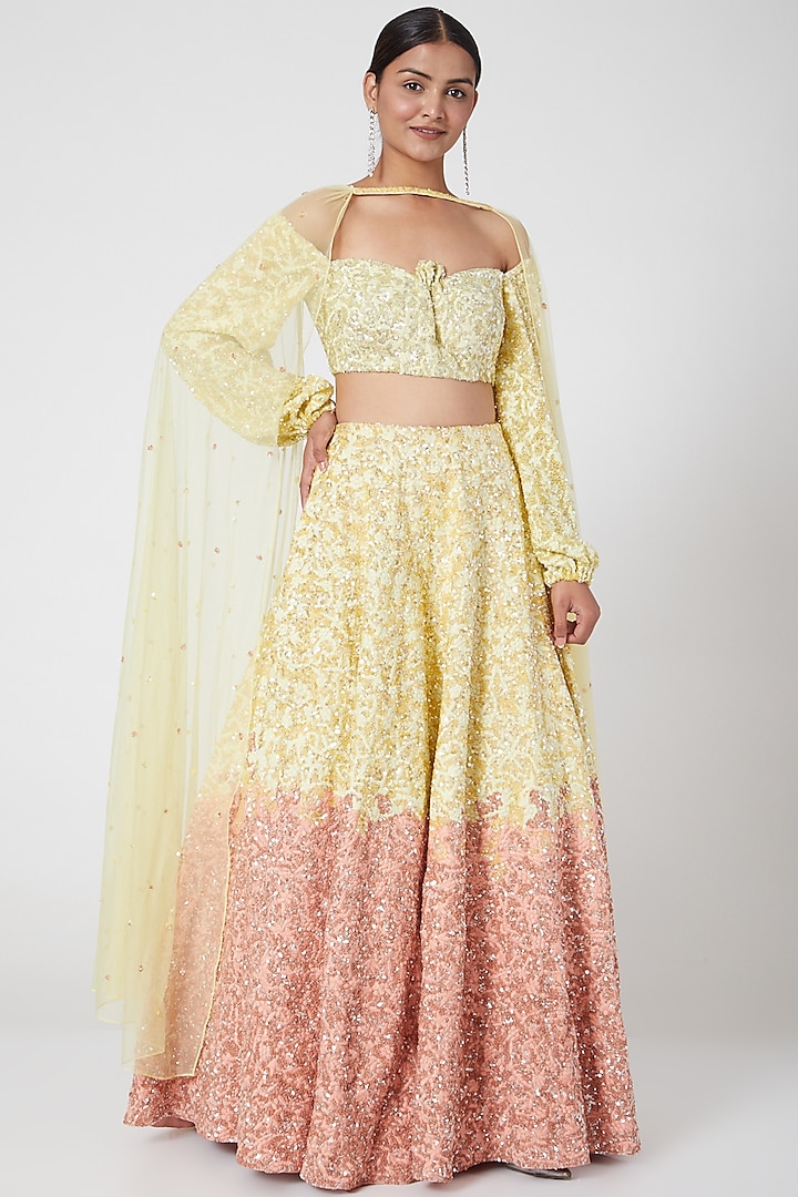 Yellow & Peach Ombre Embroidered Lehenga Set by Mani Bhatia