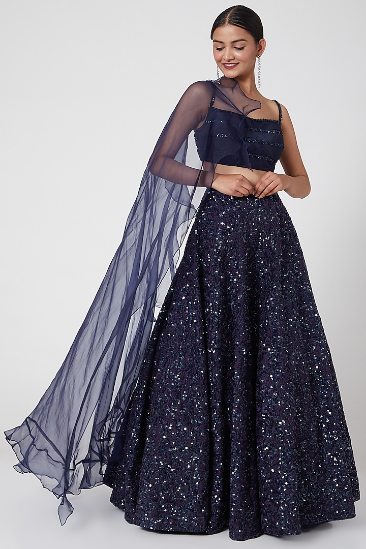 Midnight Blue Embroidered Lehenga Set With Draped Dupatta by Mani Bhatia