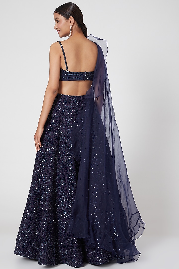 Midnight Blue Embroidered Wedding Lehenga Set With Draped Dupatta by Mani Bhatia at Pernia's Pop Up Shop