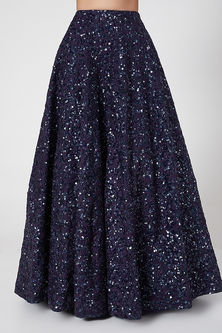 Midnight Blue Embroidered Wedding Lehenga Set With Draped Dupatta by Mani Bhatia at Pernia's Pop Up Shop