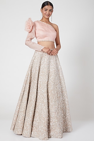 Powder Pink Embroidered Lehenga Set by Mani Bhatia