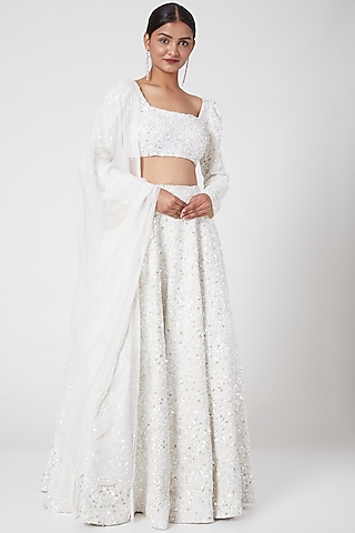 White Embroidered Lehenga Set by Mani Bhatia