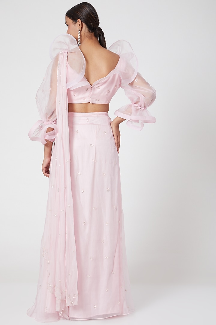 Blush Pink Embroidered Draped Wedding Saree Set by Mani Bhatia at Pernia's Pop Up Shop
