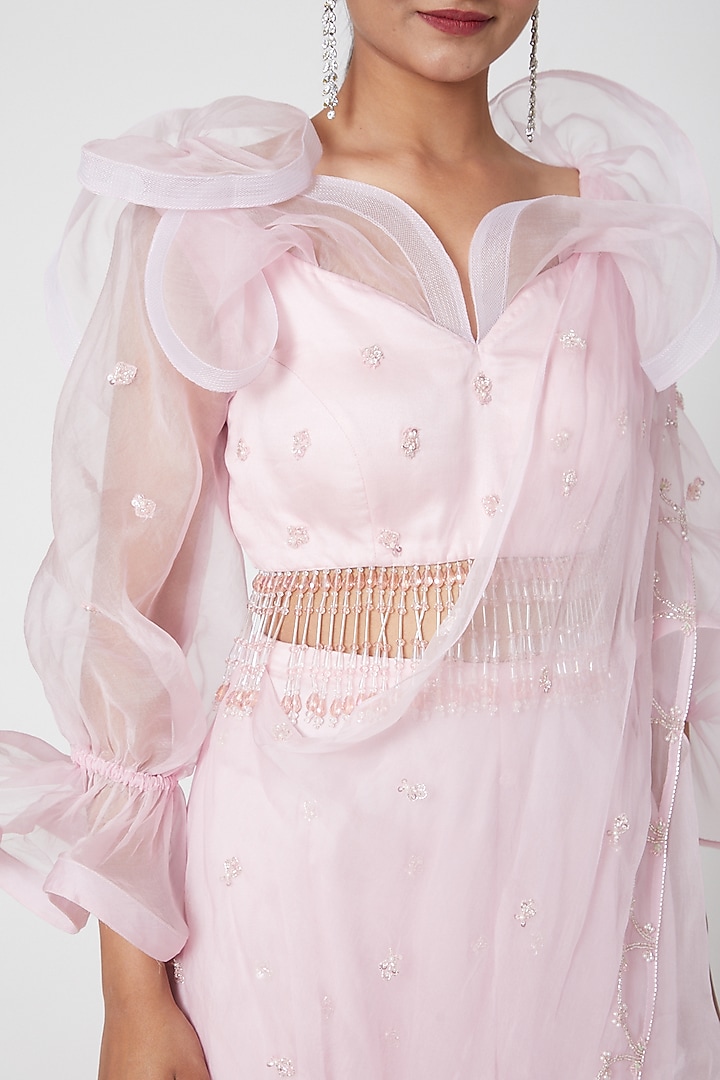 Blush Pink Embroidered Draped Wedding Saree Set by Mani Bhatia at Pernia's Pop Up Shop