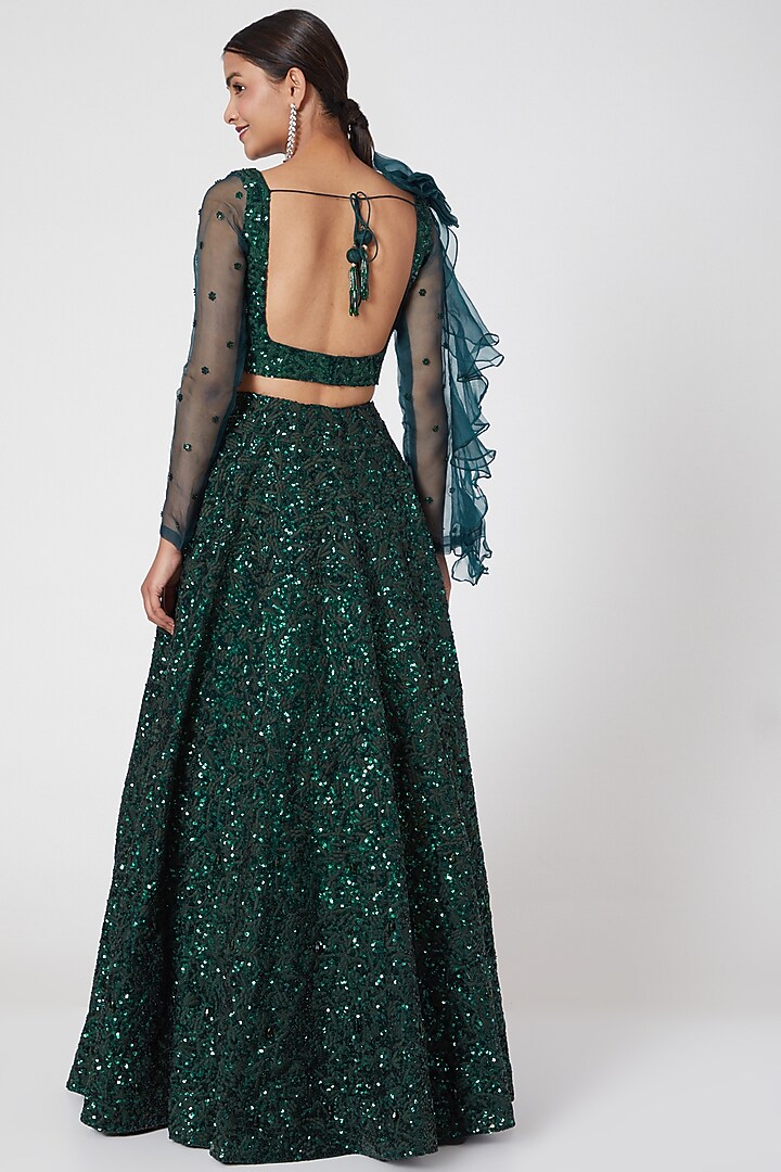 Emerald Green Embroidered Wedding Lehenga Set by Mani Bhatia at Pernia's Pop Up Shop