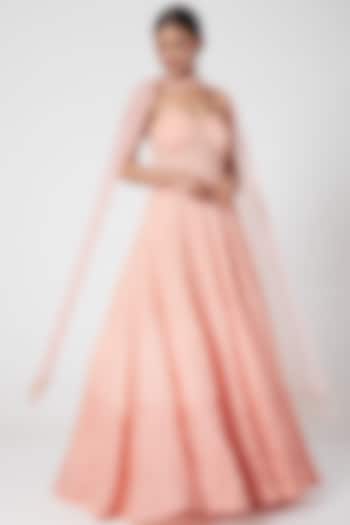Peach Ombre Embroidered Off Shoulder Gown With Stole by Mani Bhatia
