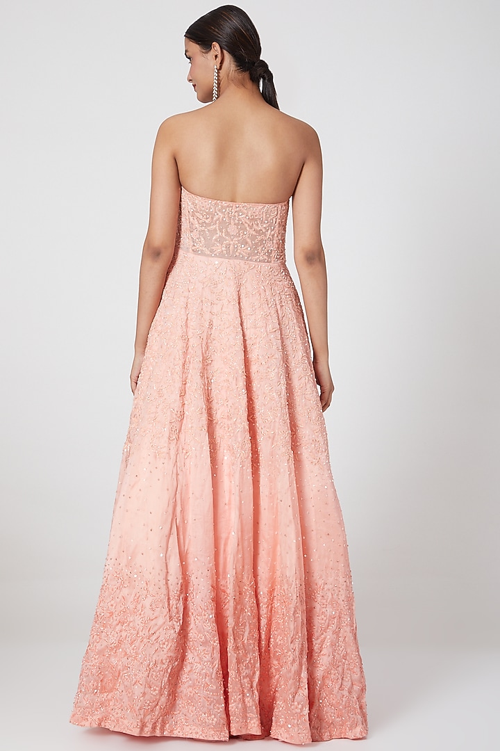 Peach Ombre Embroidered Off Shoulder Gown With Stole by Mani Bhatia at Pernia's Pop Up Shop
