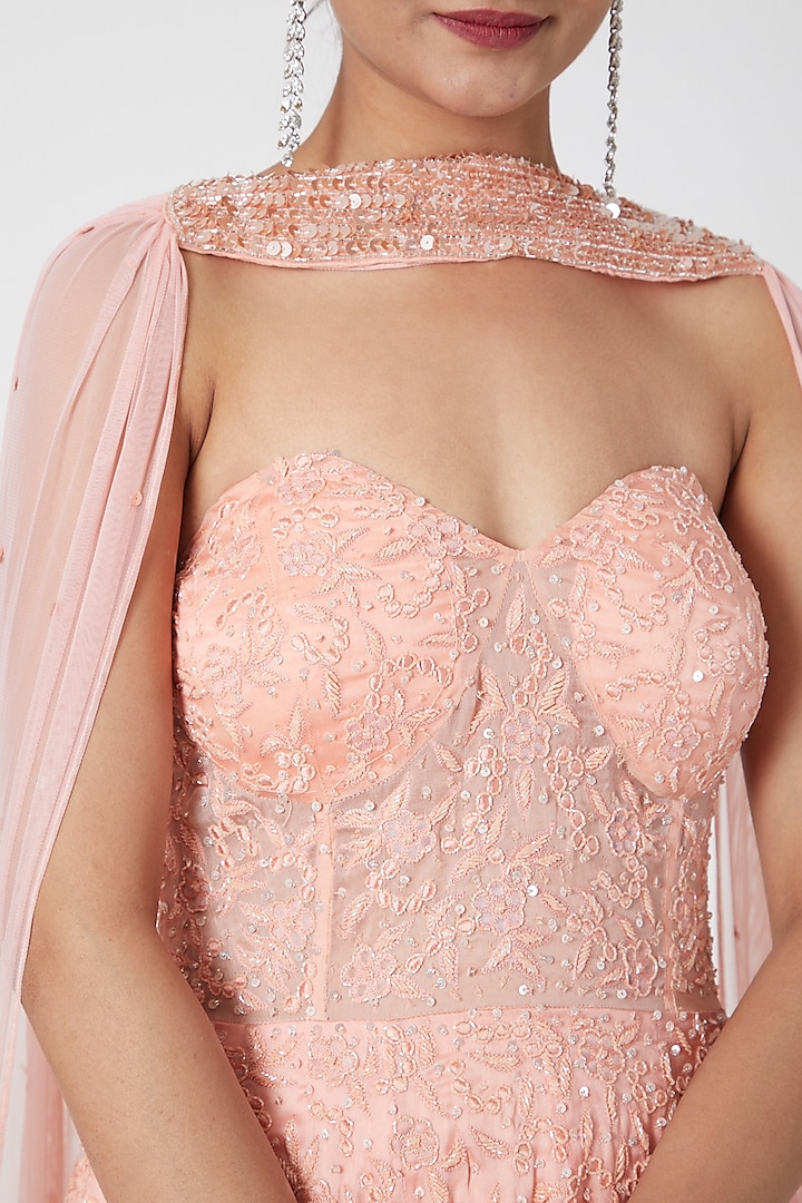 Peach Ombre Embroidered Off Shoulder Gown With Stole by Mani Bhatia at Pernia's Pop Up Shop