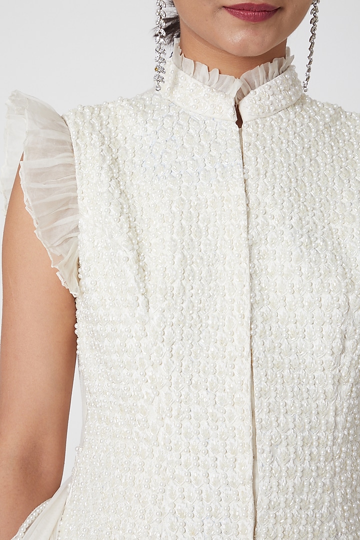 Dove White Pearl Embroidered Jacket Set by Mani Bhatia at Pernia's Pop Up Shop