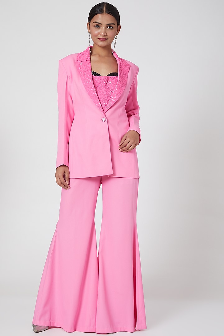 Pink Embroidered Jumpsuit With Blazer by Mani Bhatia