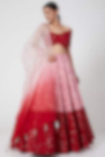 Red & Pink Ombre Embroidered Lehenga Set by Mani Bhatia