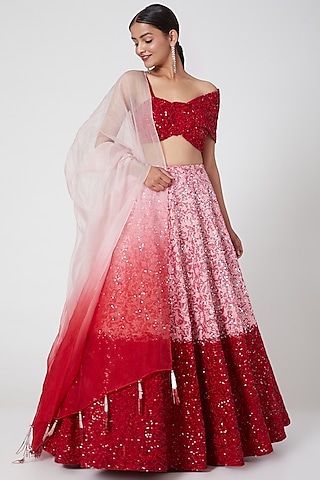 Red & Pink Ombre Embroidered Lehenga Set by Mani Bhatia