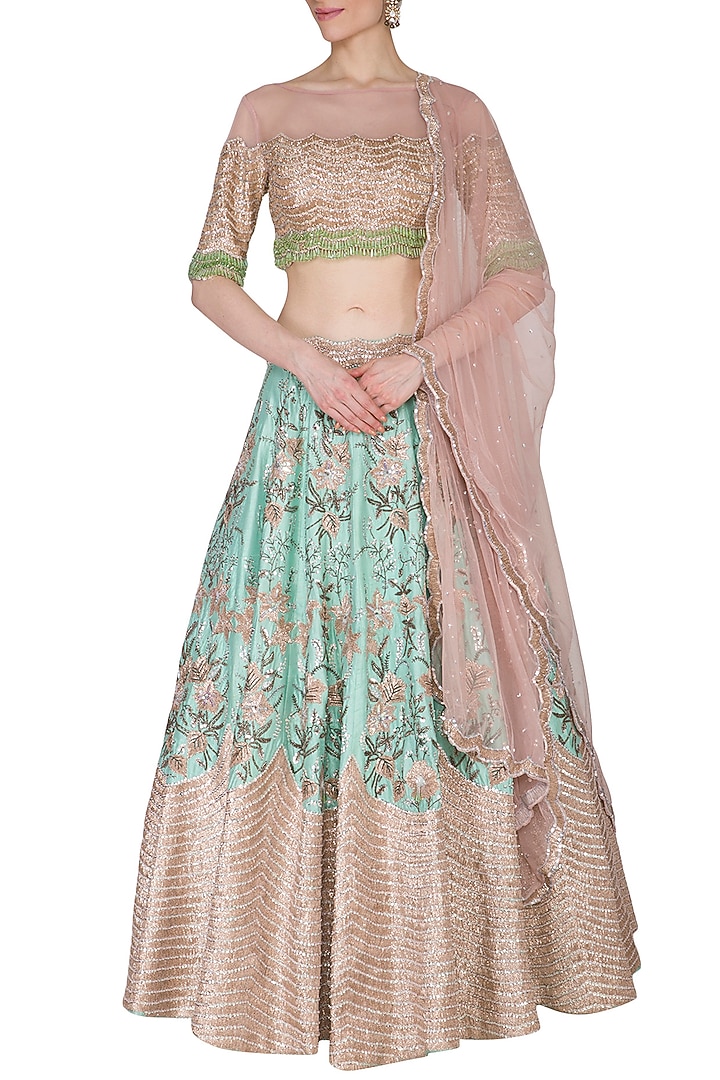 Tea Pink & Ocean Green Embroidered Wedding Lehenga Set by Mani Bhatia at Pernia's Pop Up Shop