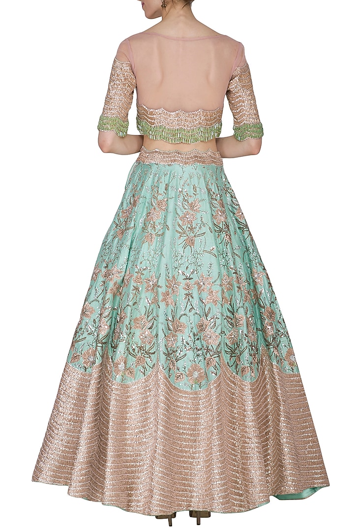 Tea Pink & Ocean Green Embroidered Wedding Lehenga Set by Mani Bhatia at Pernia's Pop Up Shop