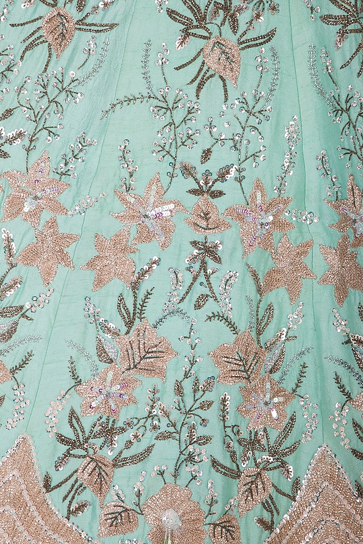 Tea Pink & Ocean Green Embroidered Wedding Lehenga Set by Mani Bhatia at Pernia's Pop Up Shop