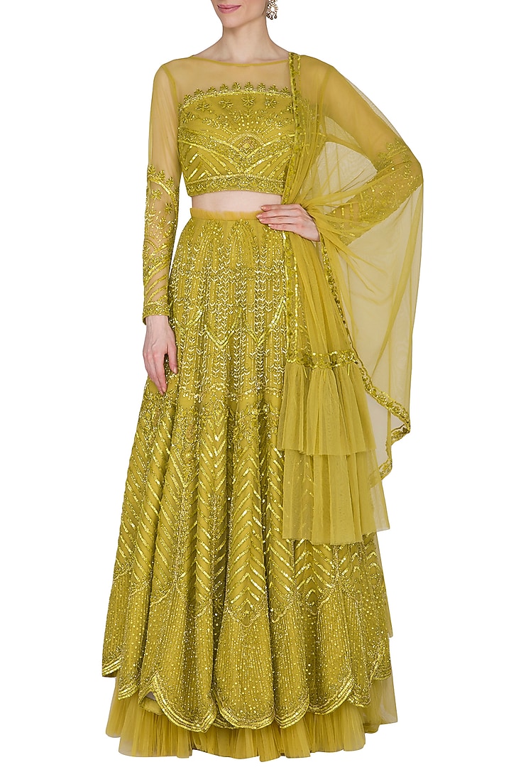 Golden Green Embroidered Wedding Lehenga Set by Mani Bhatia at Pernia's Pop Up Shop