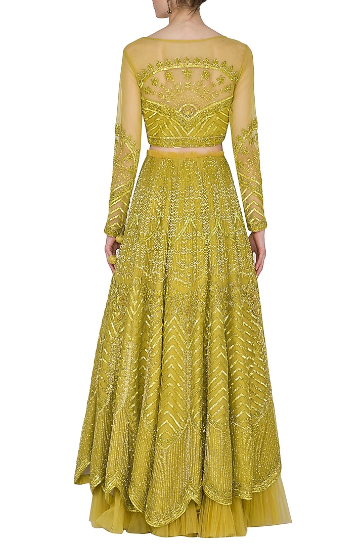 Golden Green Embroidered Wedding Lehenga Set by Mani Bhatia at Pernia's Pop Up Shop