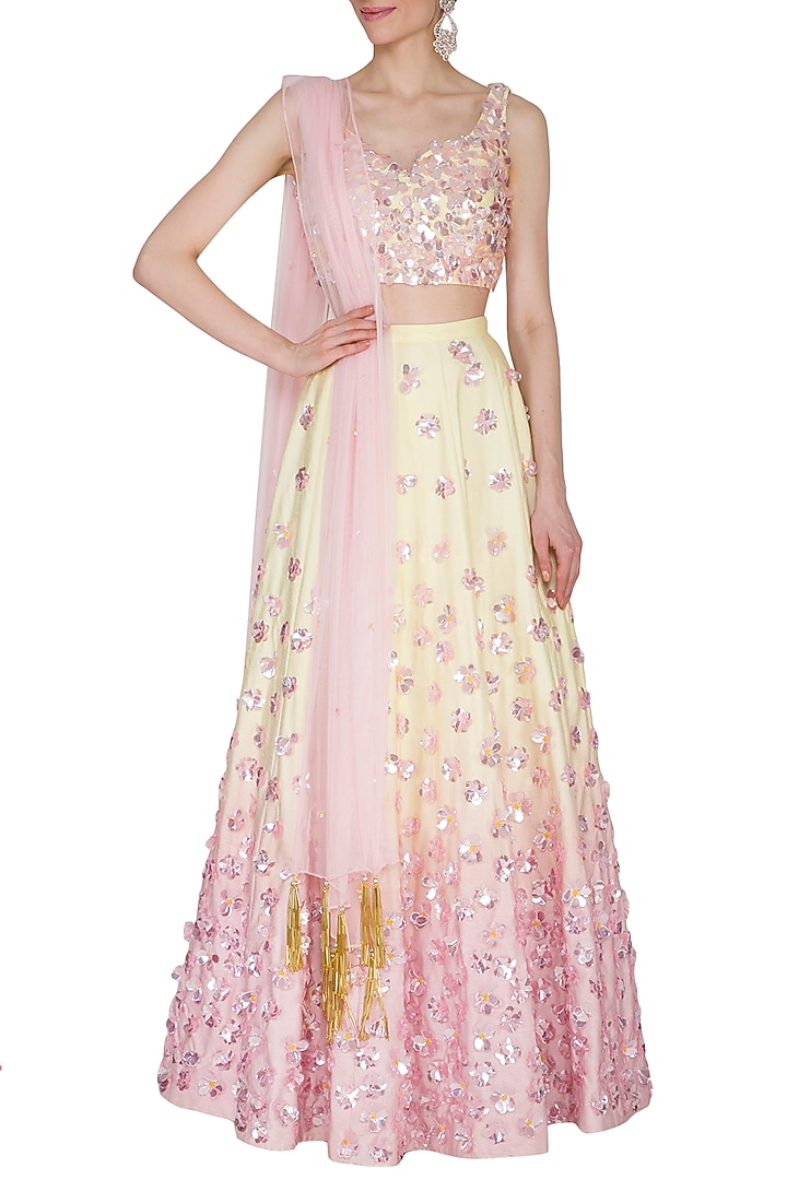 Yellow & Pink Embroidered Ombre Wedding Lehenga Set by Mani Bhatia at Pernia's Pop Up Shop