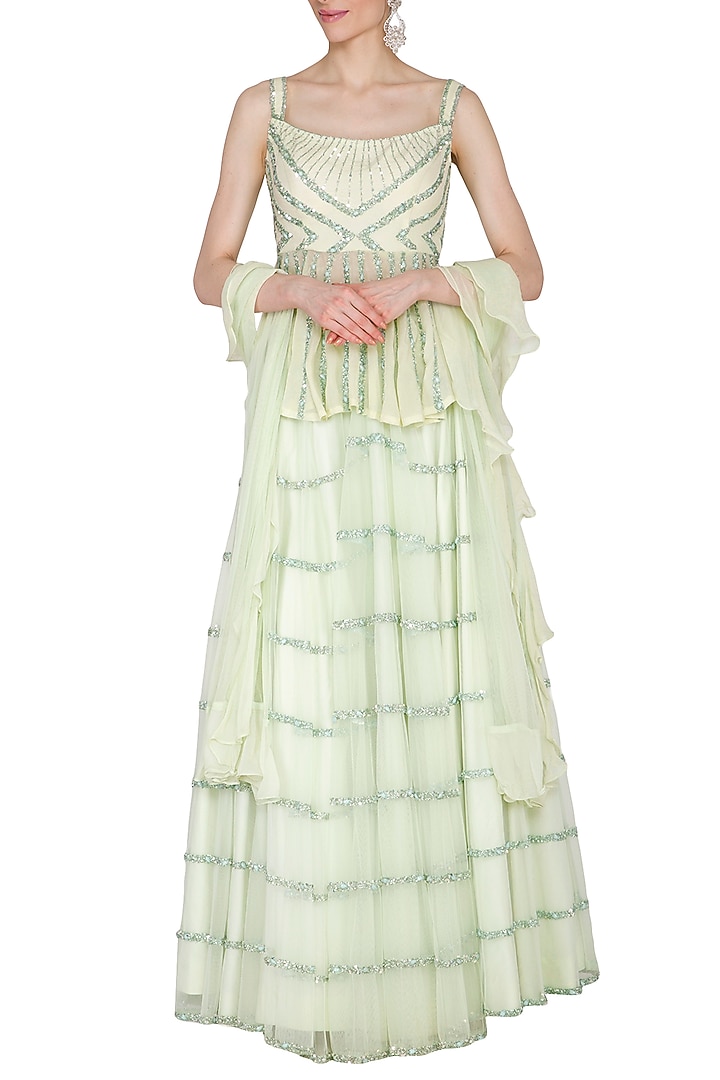 Mint Green Embroidered Wedding Lehenga Set by Mani Bhatia at Pernia's Pop Up Shop
