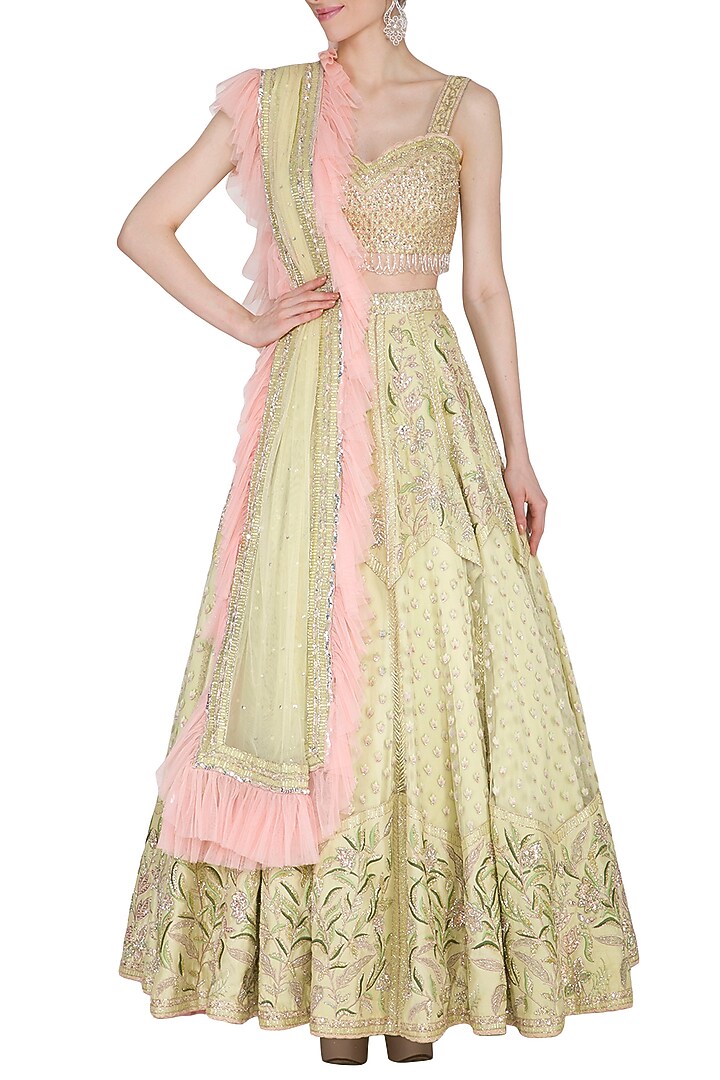 Mint Green Embroidered Silk Wedding Lehenga Set by Mani Bhatia at Pernia's Pop Up Shop