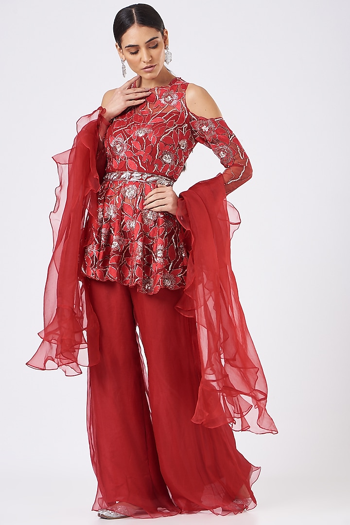 Red Organza Embroidered Kurta Set by Mani Bhatia at Pernia's Pop Up Shop