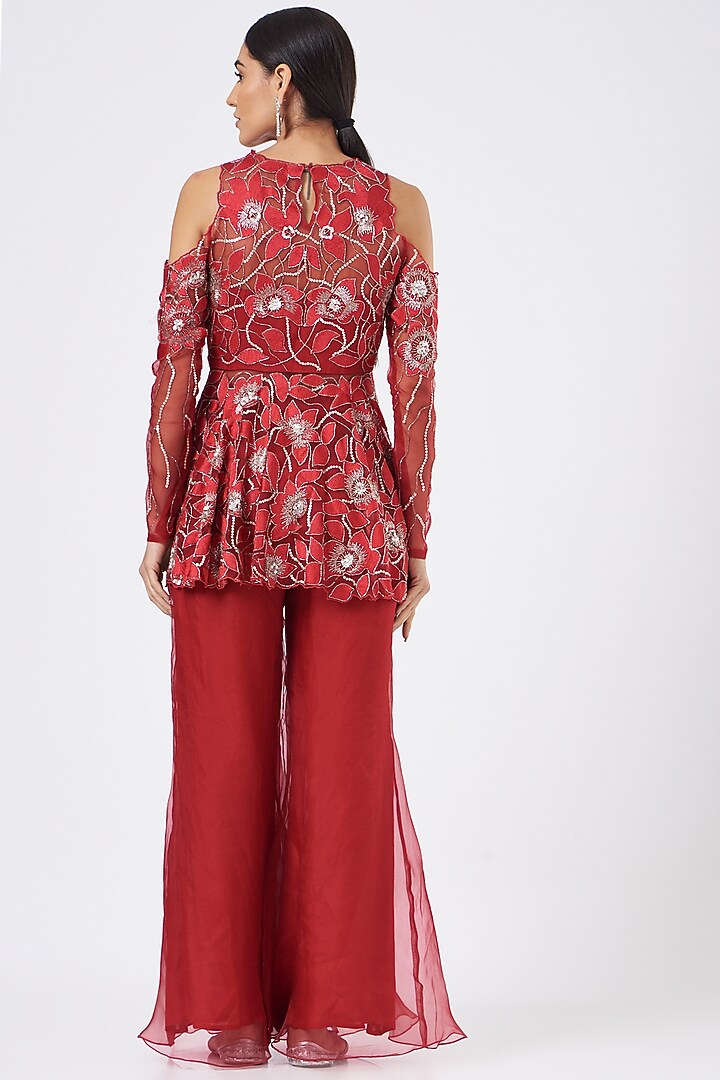 Red Organza Embroidered Kurta Set by Mani Bhatia at Pernia's Pop Up Shop