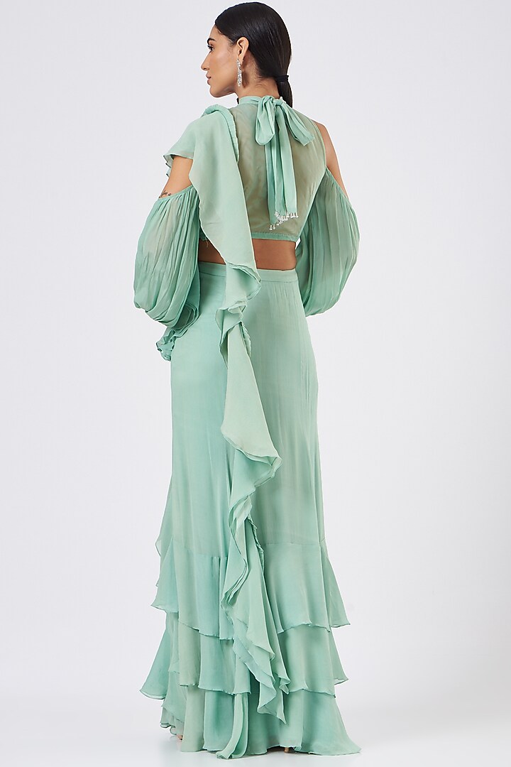 Mint Georgette Draped Wedding Saree Set by Mani Bhatia at Pernia's Pop Up Shop