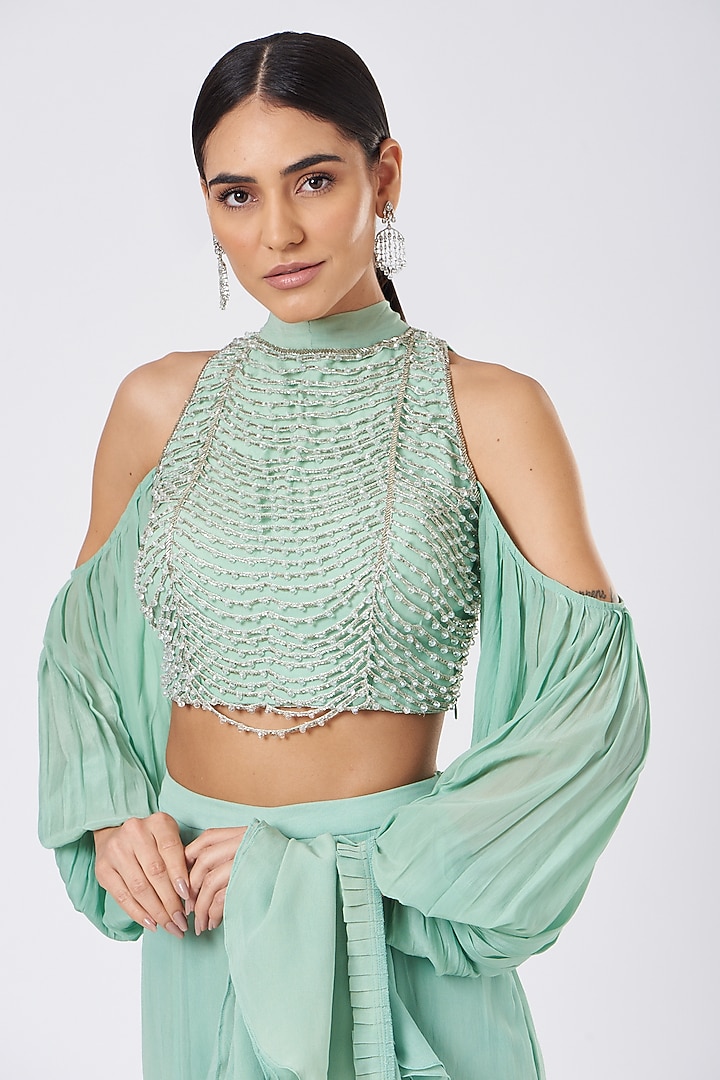 Mint Georgette Draped Wedding Saree Set by Mani Bhatia at Pernia's Pop Up Shop