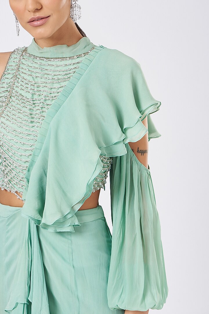Mint Georgette Draped Wedding Saree Set by Mani Bhatia at Pernia's Pop Up Shop