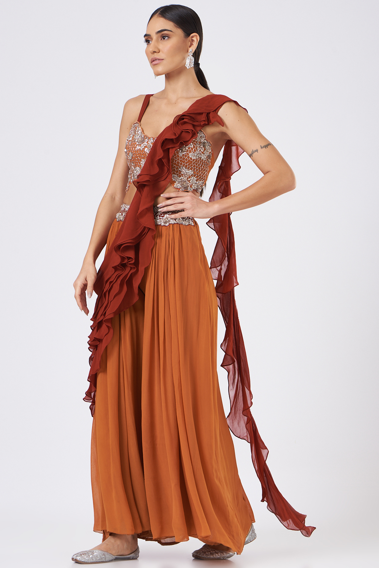 Rust Orange Georgette Pant Set by Mani Bhatia at Pernia's Pop Up Shop