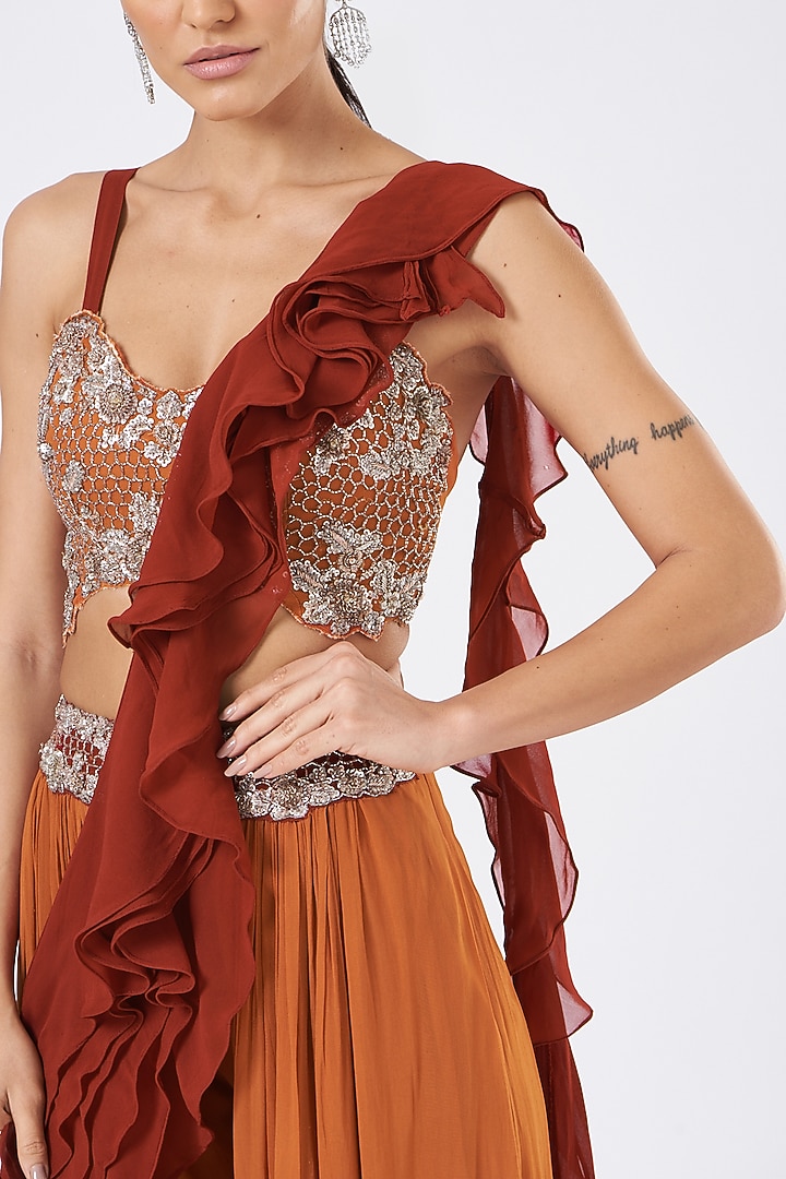 Rust Orange Georgette Pant Set by Mani Bhatia at Pernia's Pop Up Shop
