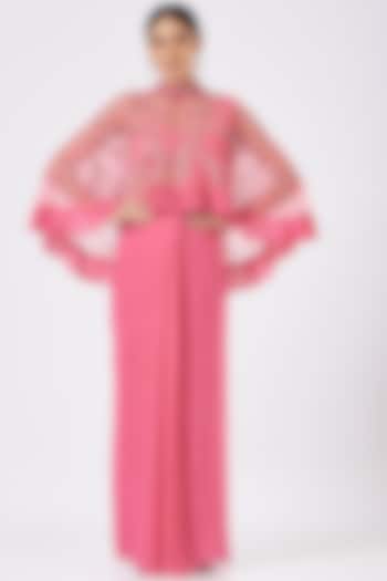 Pink Georgette Pre-Stitched Saree Set by Mani Bhatia