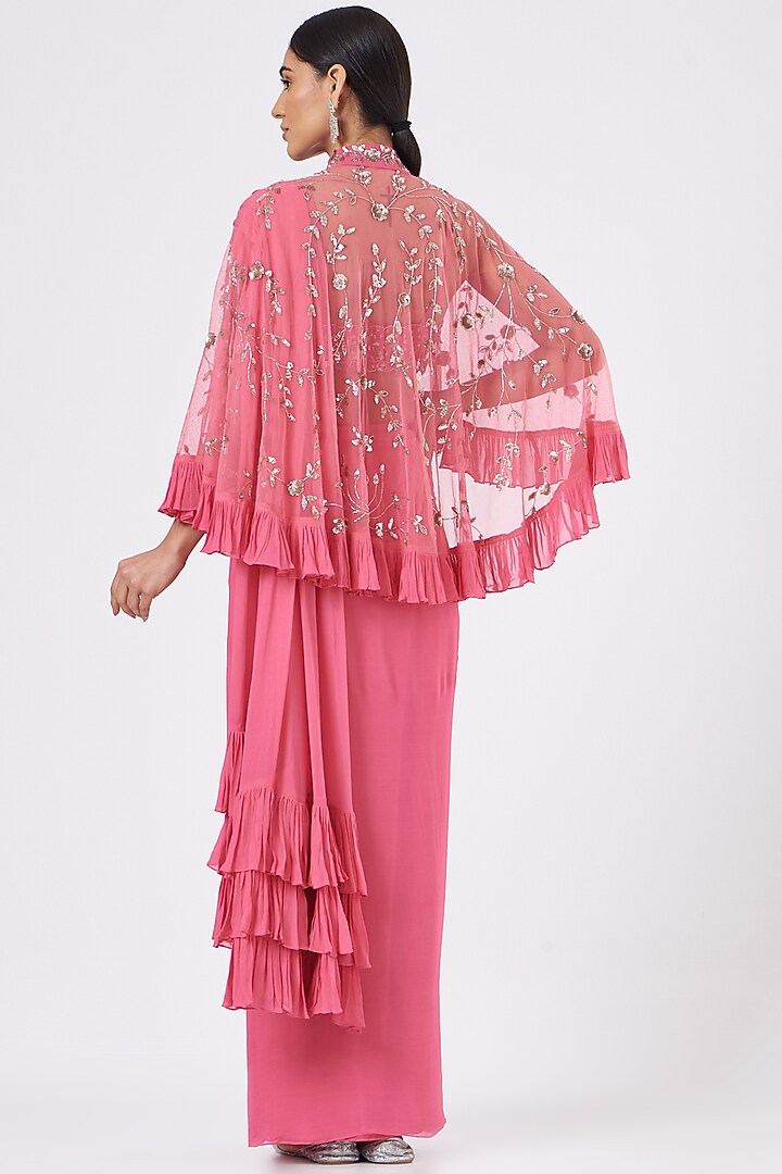 Pink Georgette Pre-Stitched Wedding Saree Set by Mani Bhatia at Pernia's Pop Up Shop